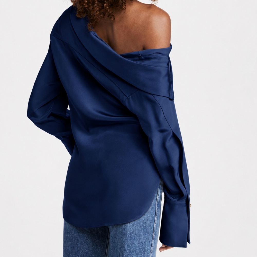 HELLESSY size 6 Stella Asymmetrical 100% Silk Draped Blouse 4” cuffs Navy $890 - Picture 2 of 11